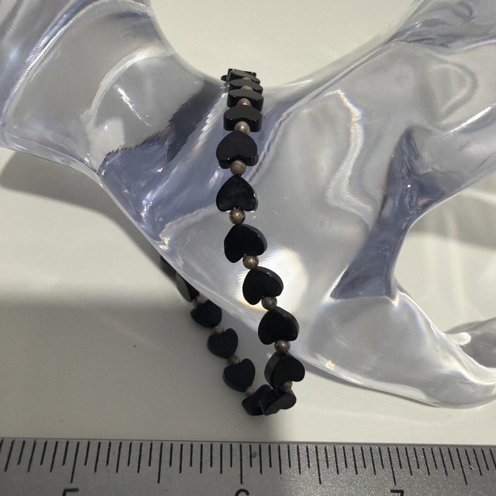 Sterling Silver Black Onyx Tiny Heart Bead Bracelet 7" Natural Gemstone 925